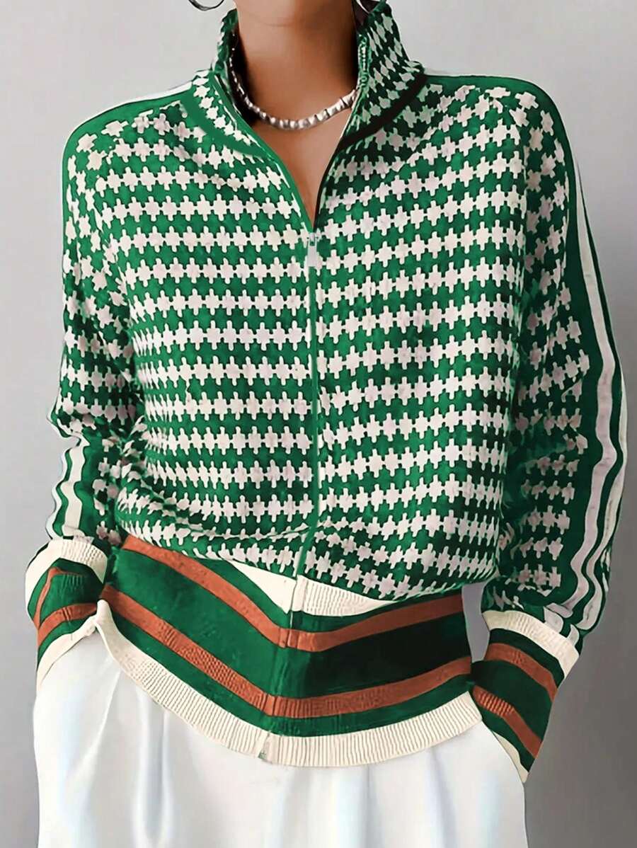 Eliana | Houndstooth Zip Front Cardigan with Stand Collar, Raglan Sleeve Knit Jacket oaklynwear
