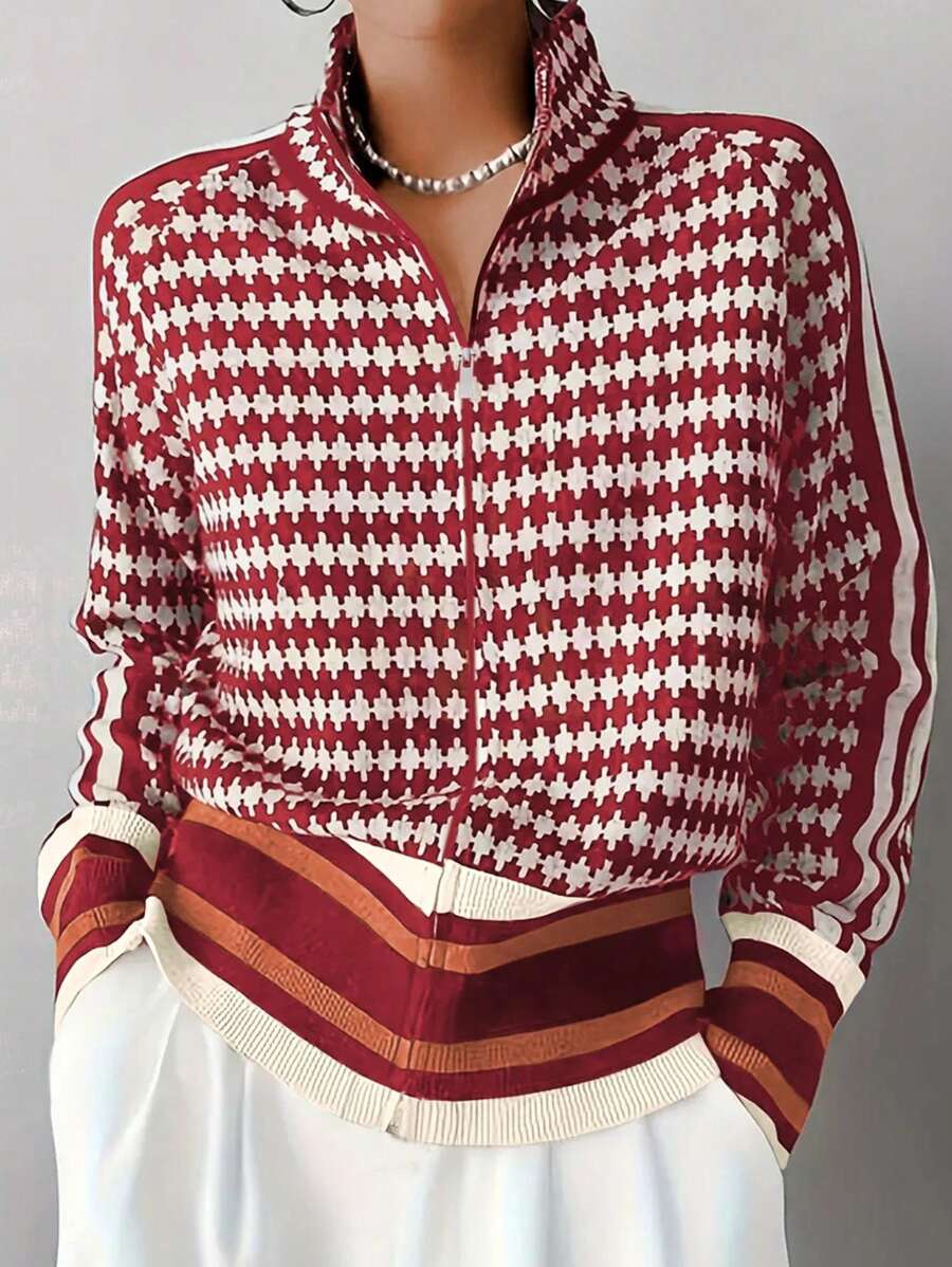 Eliana | Houndstooth Zip Front Cardigan with Stand Collar, Raglan Sleeve Knit Jacket oaklynwear