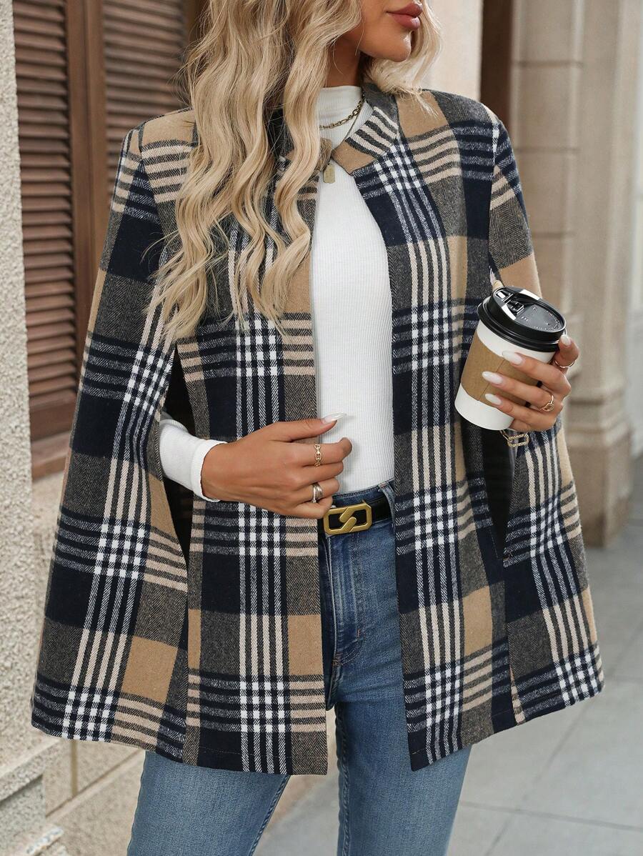 Jessica | Plaid Cape Coat with Cloak Sleeves, Elegant Stand Collar Overcoat oaklynwear