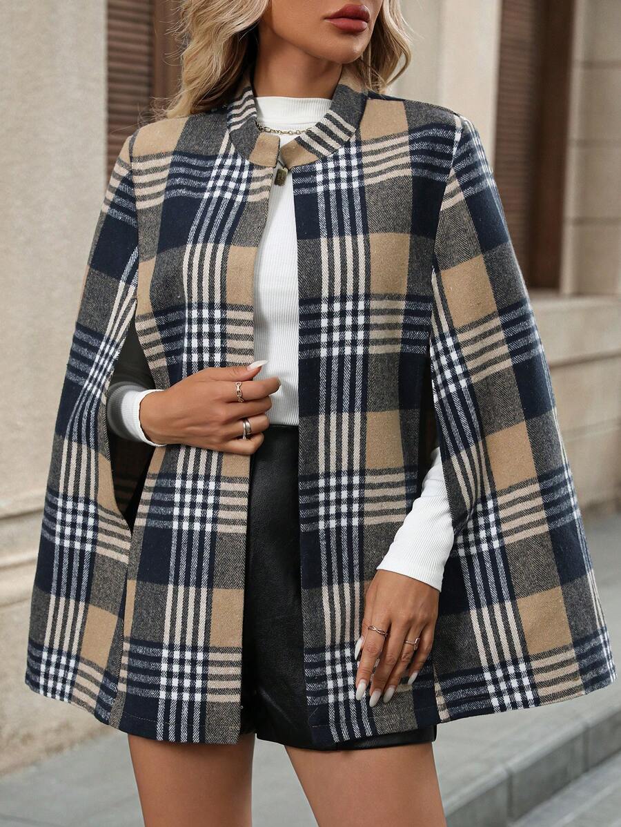 Jessica | Plaid Cape Coat with Cloak Sleeves, Elegant Stand Collar Overcoat oaklynwear