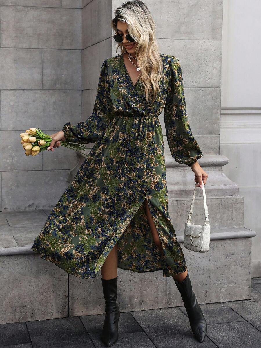 Jenny Floral Print V-Neck Wrap Dress with Bishop Sleeves - view 5