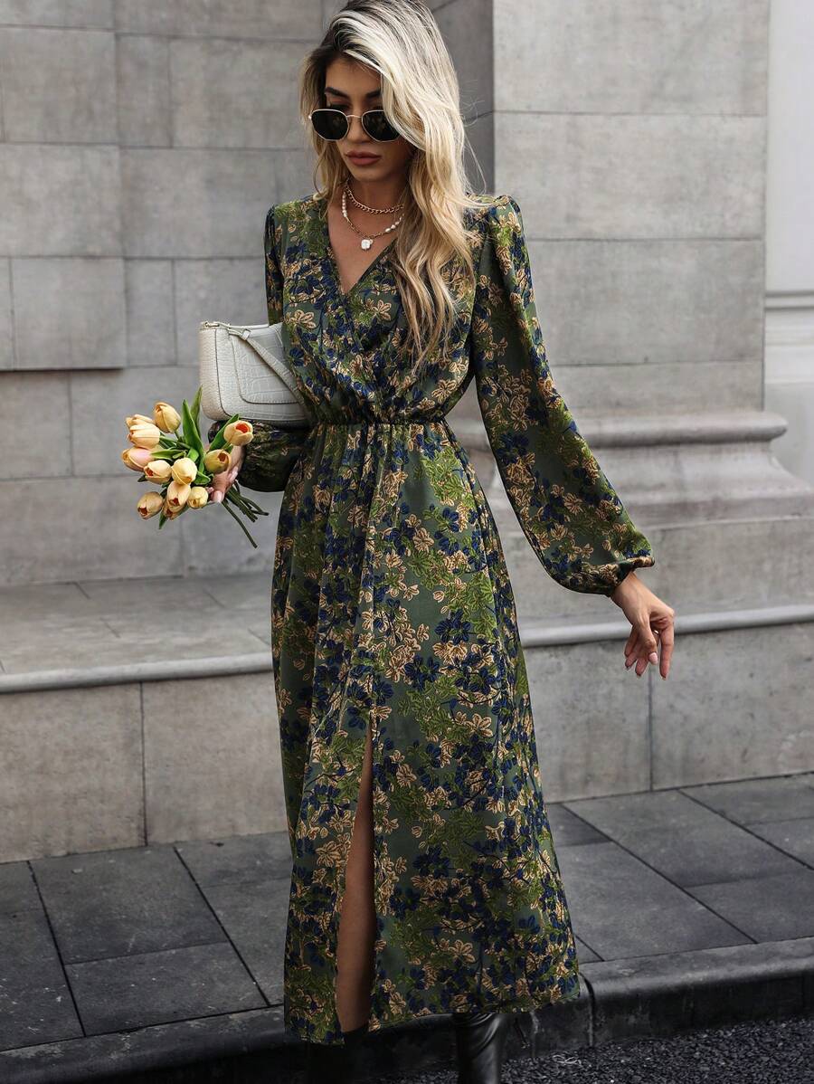 Jenny Floral Print V-Neck Wrap Dress with Bishop Sleeves - view 6