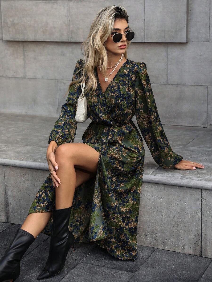 Jenny Floral Print V-Neck Wrap Dress with Bishop Sleeves - view 7