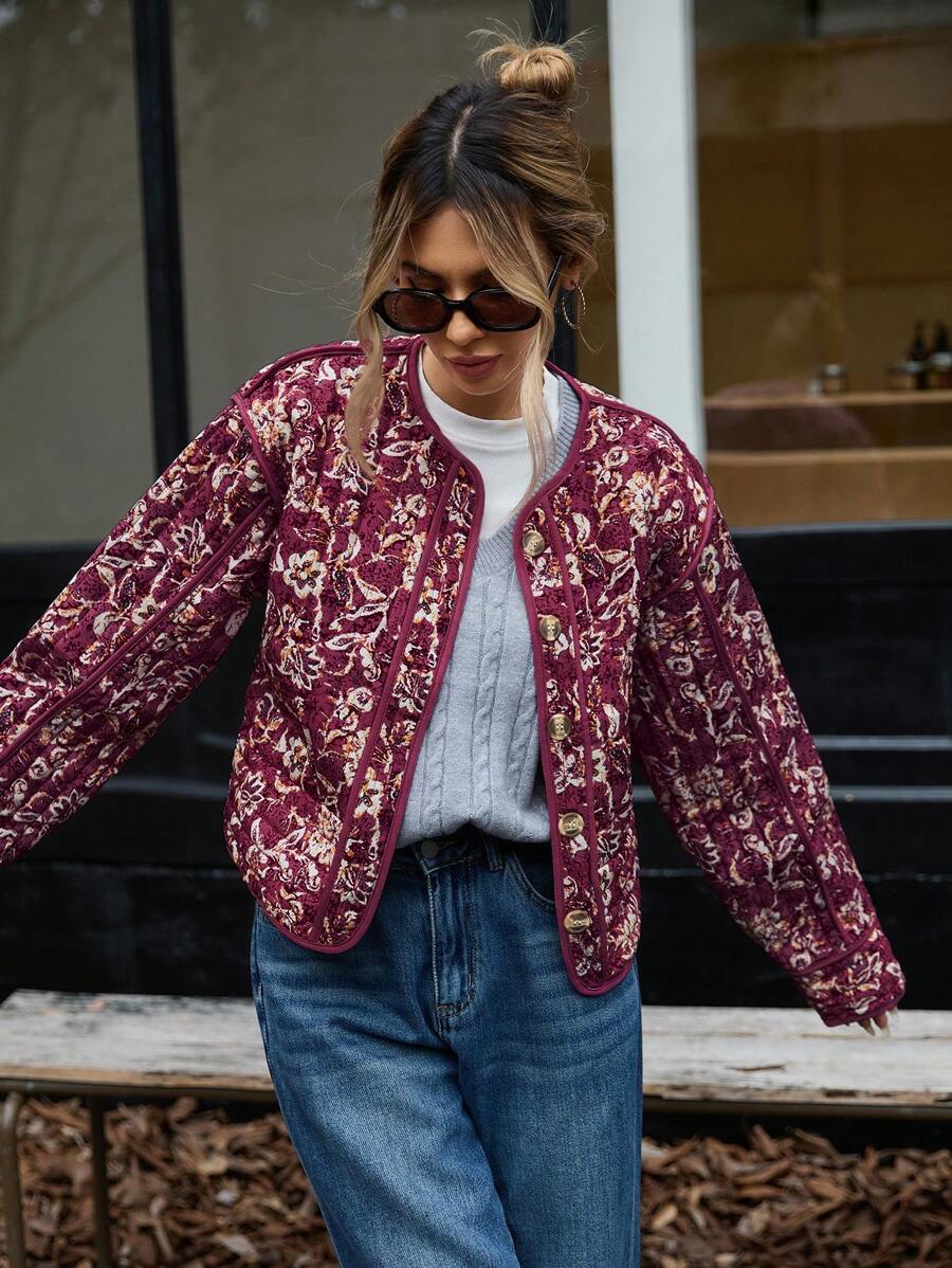 SHEIN ChicEase Fashion Casual Floral Print Loose Fit Puffer Long Sleeve Winter Coat Western Retro Holiday Party oaklynwear