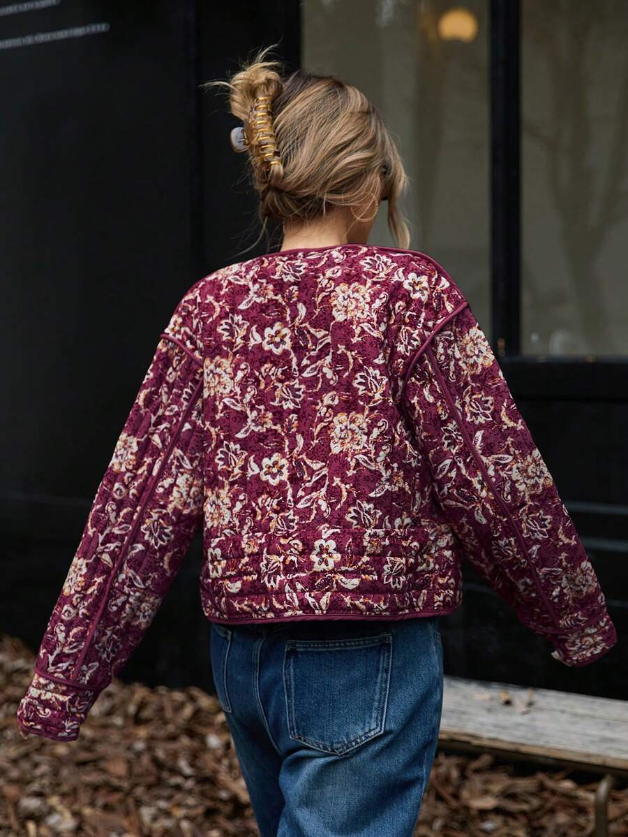 SHEIN ChicEase Fashion Casual Floral Print Loose Fit Puffer Long Sleeve Winter Coat Western Retro Holiday Party oaklynwear