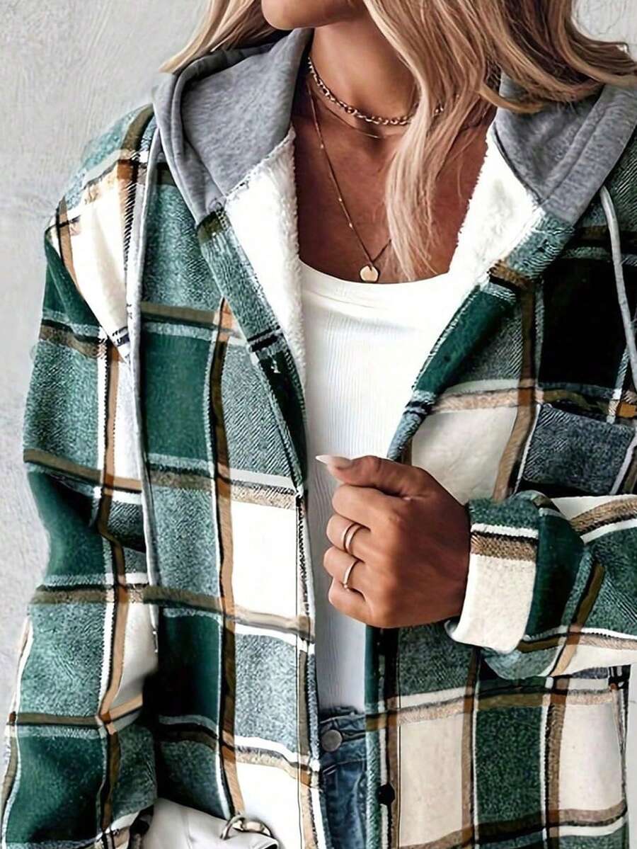 Joanna | Plaid Hooded Button Front Jacket, Retro Casual Shacket oaklynwear