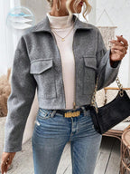 Aubree Notched Collar Zip Front Crop Jacket - front view