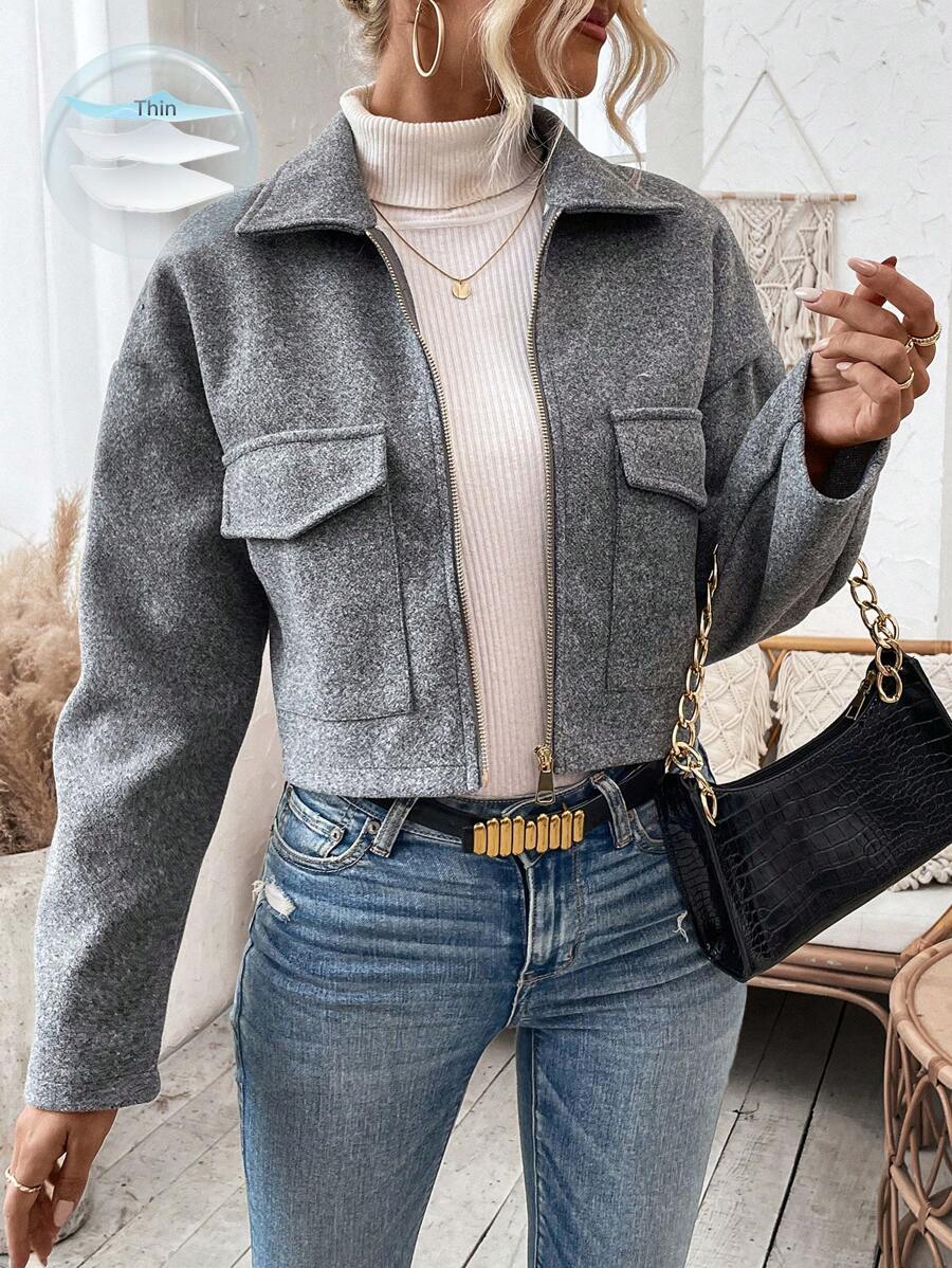 Aubree Notched Collar Zip Front Crop Jacket - front view