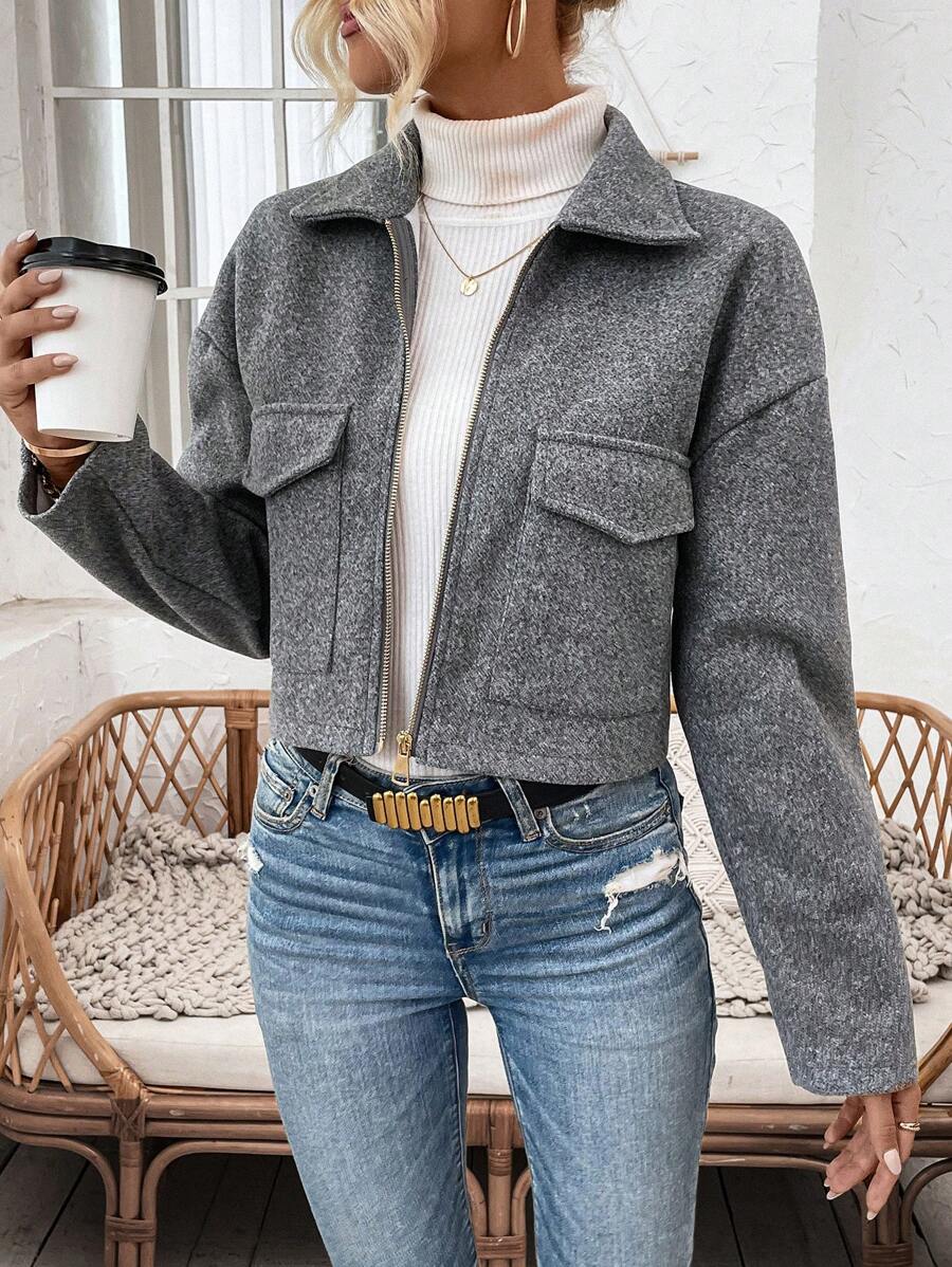 Aubree Notched Collar Zip Front Crop Jacket - view 3