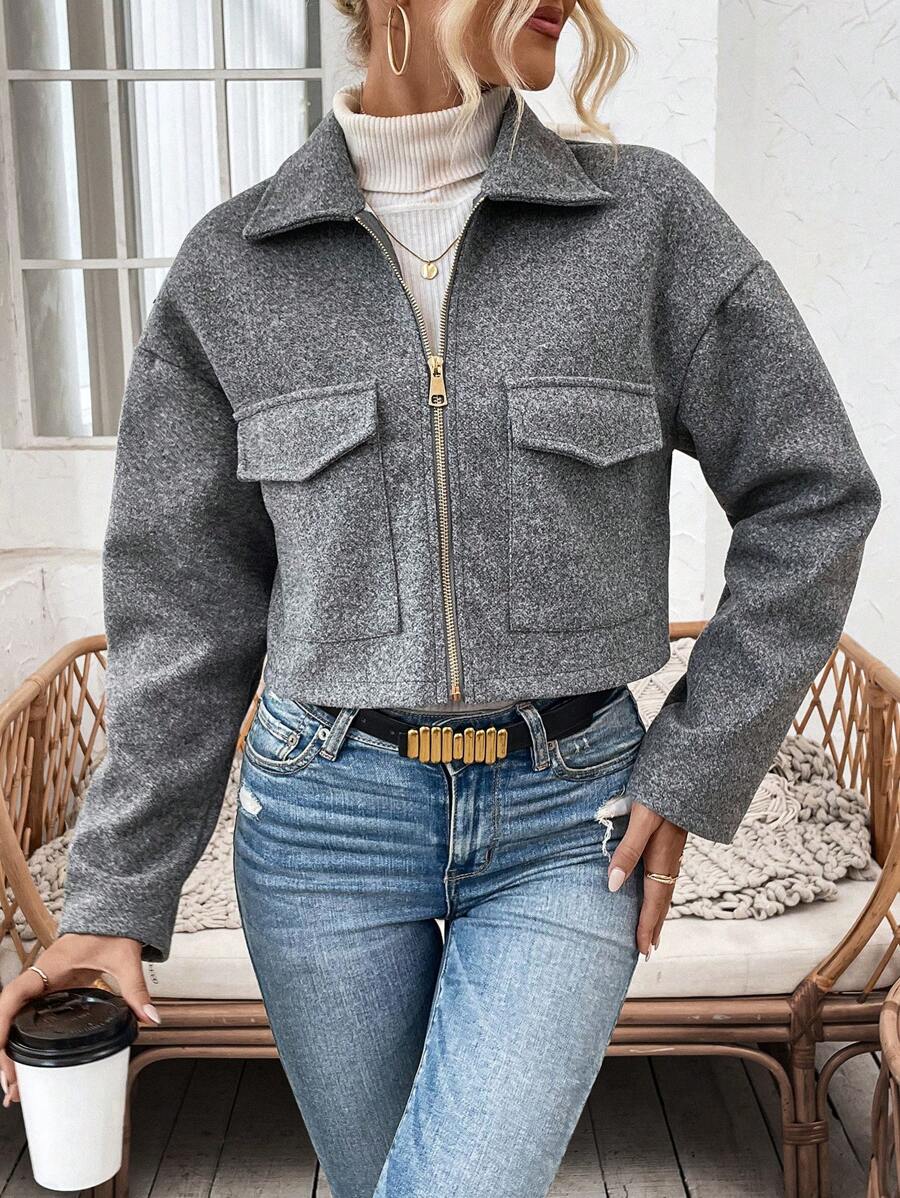 Aubree Notched Collar Zip Front Crop Jacket - view 4