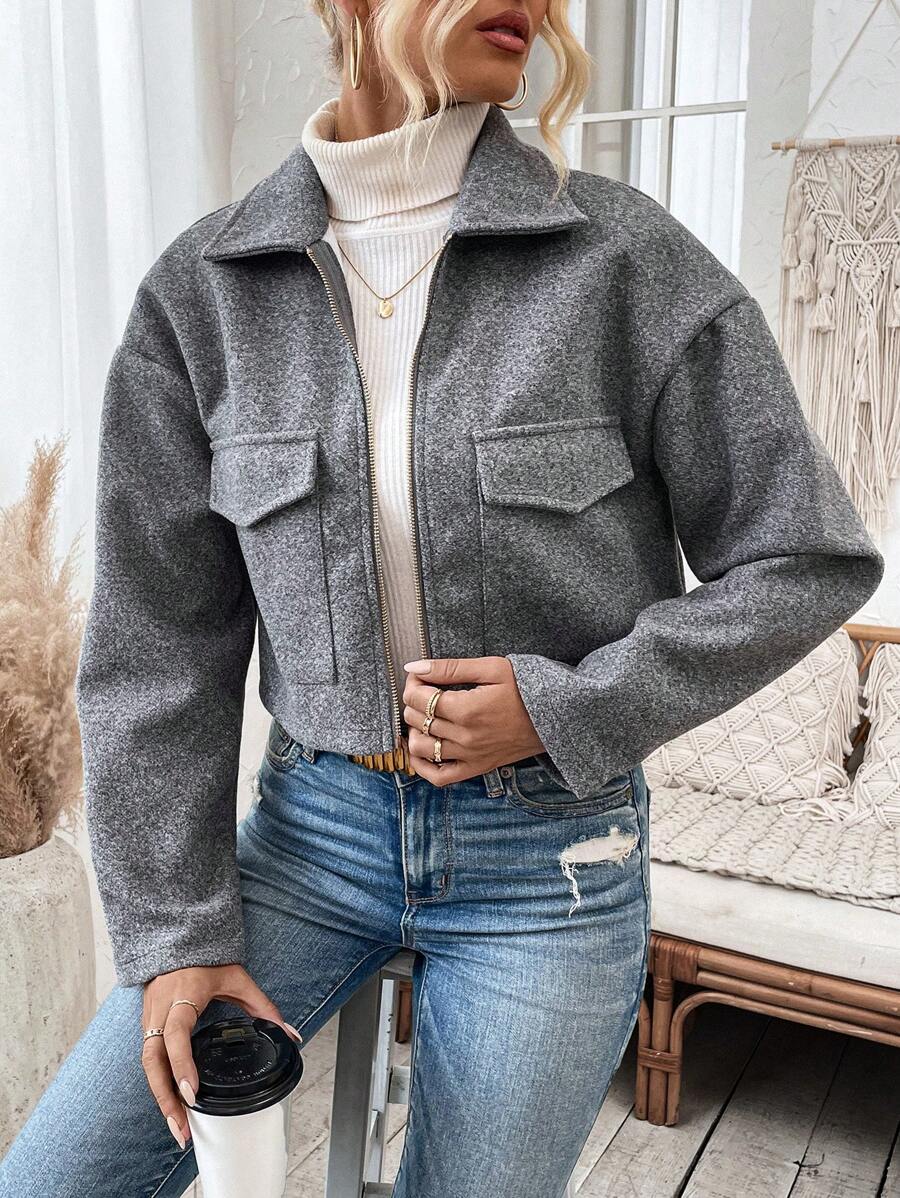 Aubree Notched Collar Zip Front Crop Jacket - view 5