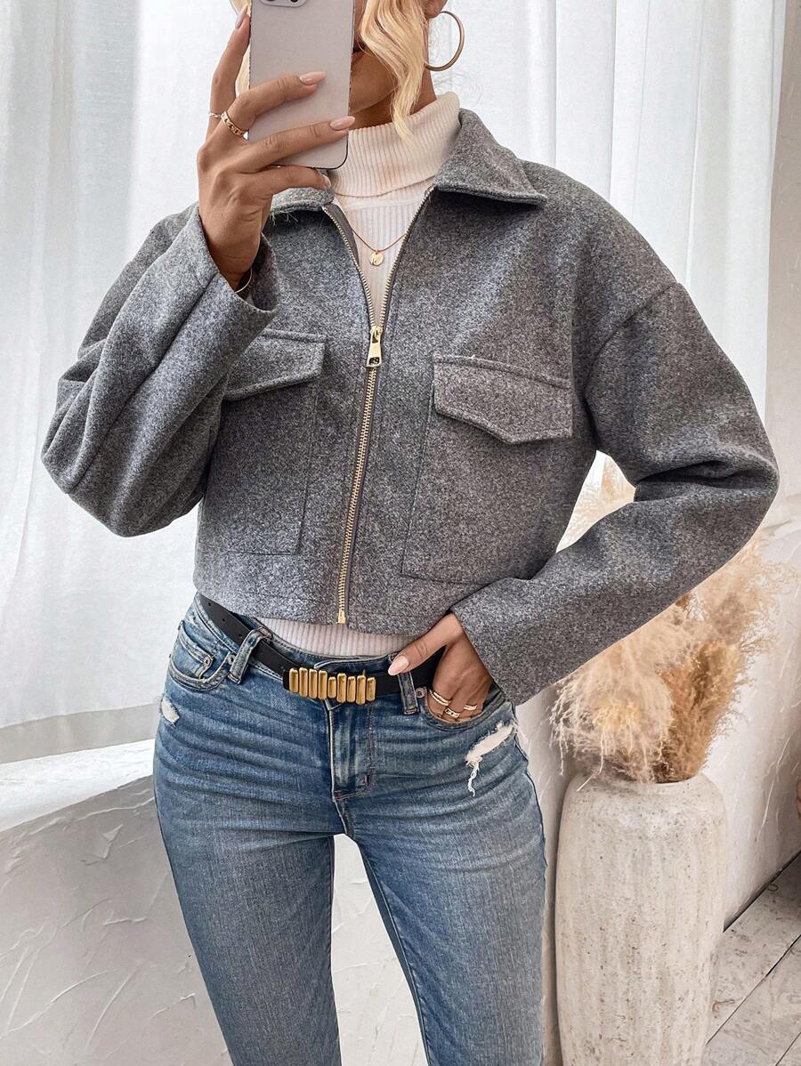 Aubree Notched Collar Zip Front Crop Jacket - view 6