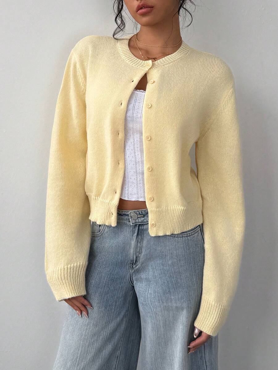 SHEIN BASICS Casual Solid Color Round Neck Long Sleeve Loose Cropped Women Sweater Women Autumn Coat Day Time Work Office Cream White Teachers' Day oaklynwear
