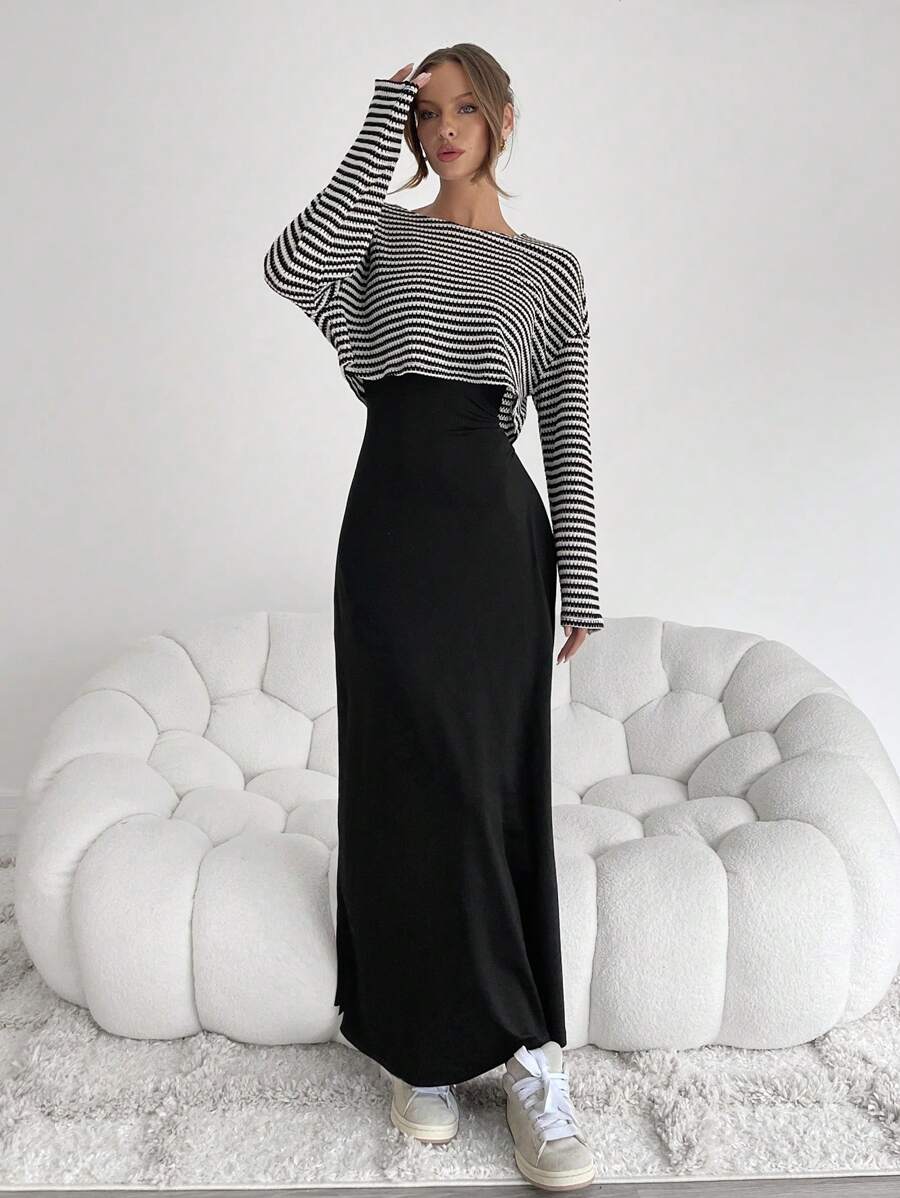 Siren Gaze Women's 2 Pieces Set: Striped Long Sleeve Top And Solid Color Skirt,Fall Summer Casual Spring oaklynwear