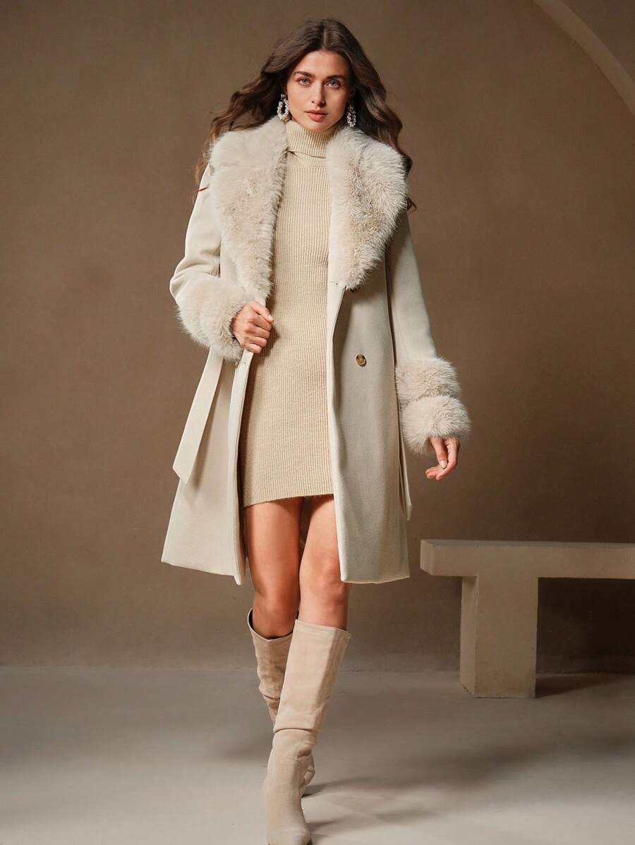 Maeve Faux Fur Collar Double-Breasted Midi Coat - view 11