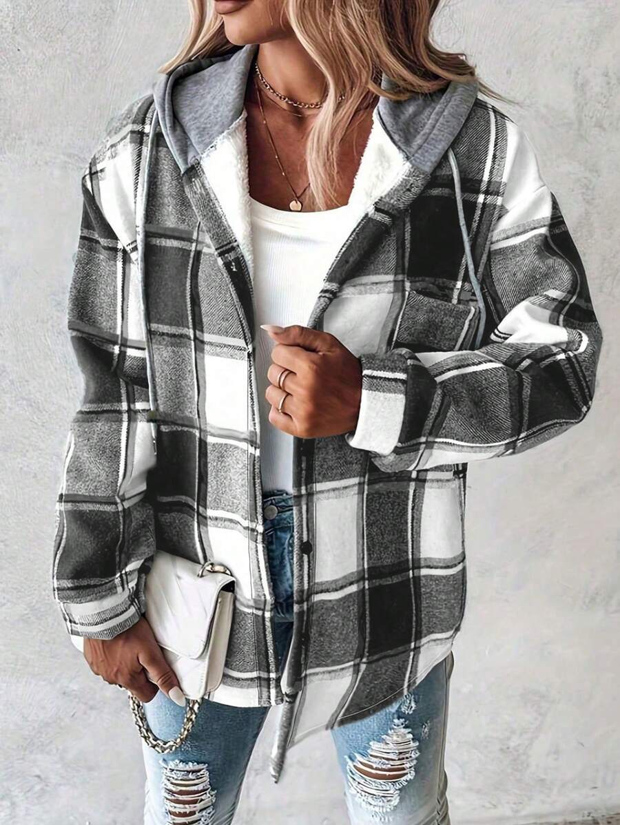 Joanna | Plaid Hooded Button Front Jacket, Retro Casual Shacket oaklynwear
