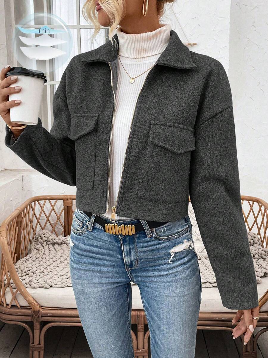 Aubree Notched Collar Zip Front Crop Jacket - view 13