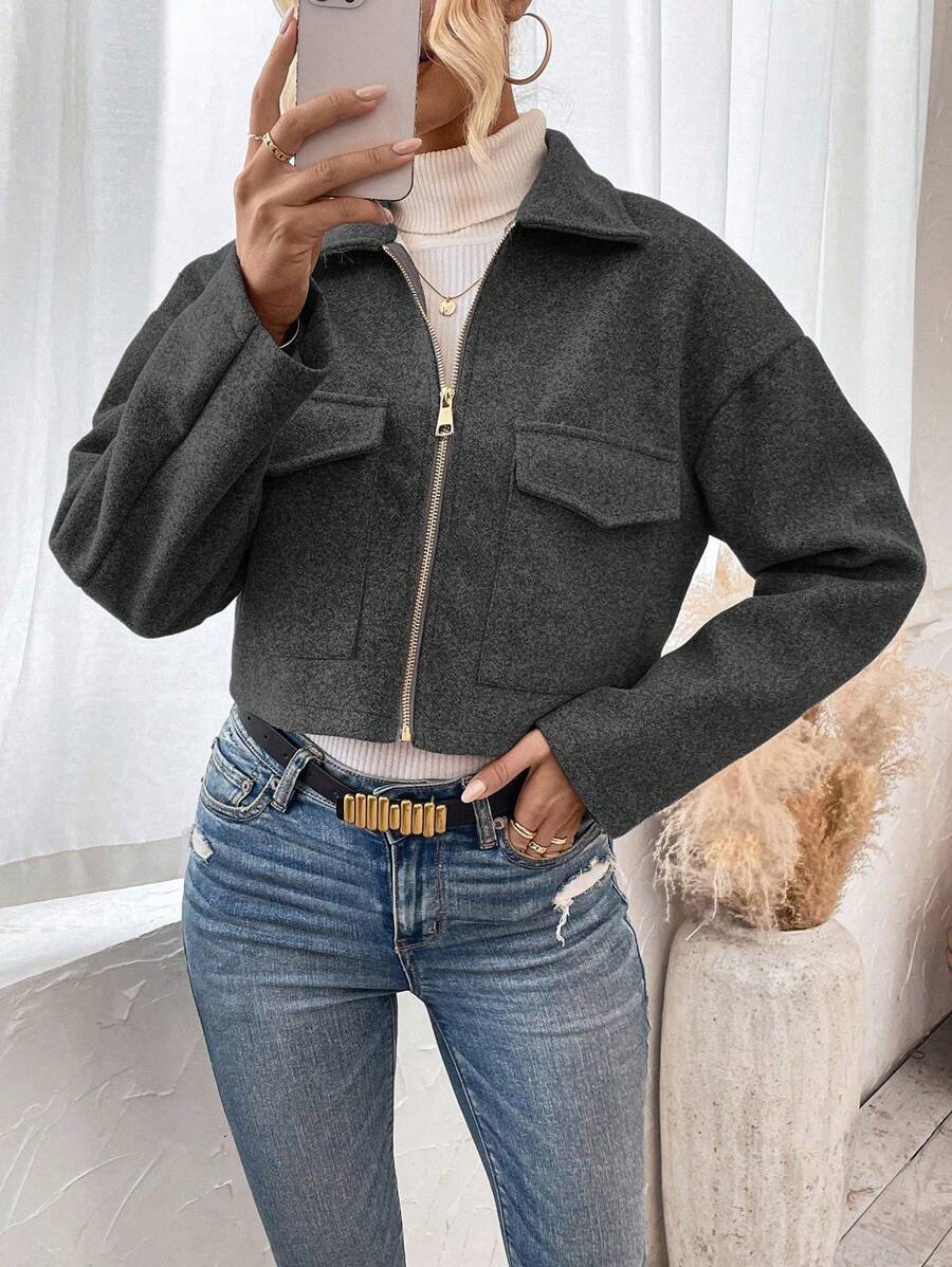 Aubree Notched Collar Zip Front Crop Jacket - view 16