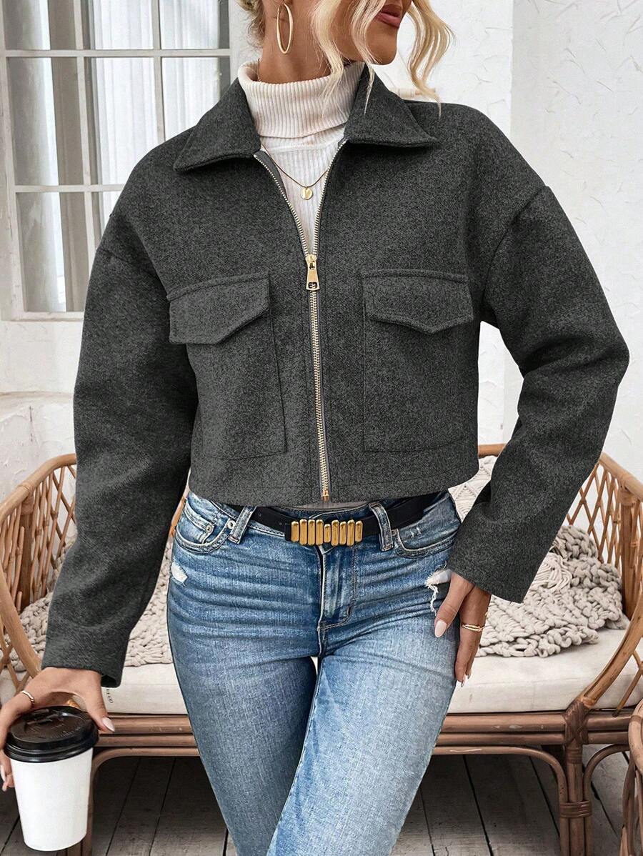 Aubree Notched Collar Zip Front Crop Jacket - view 17
