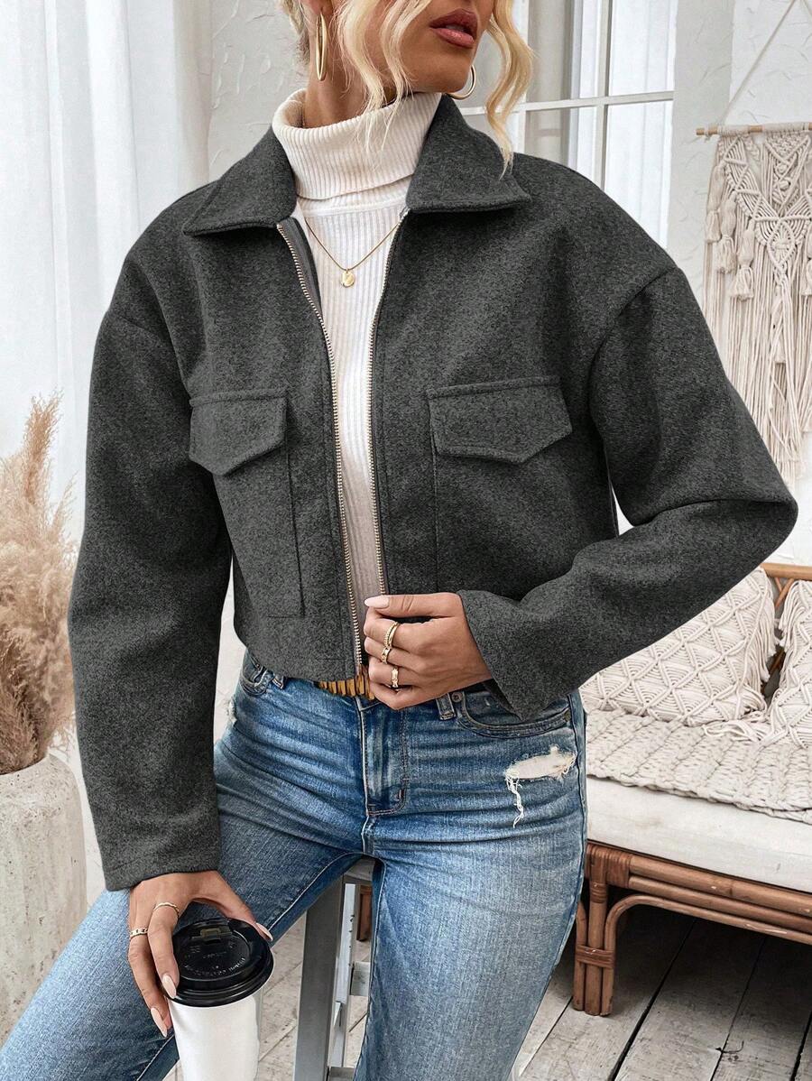 Aubree Notched Collar Zip Front Crop Jacket - view 18