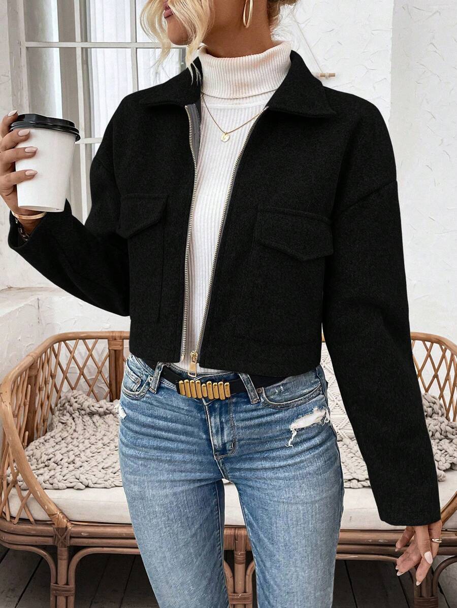 Aubree Notched Collar Zip Front Crop Jacket - view 9