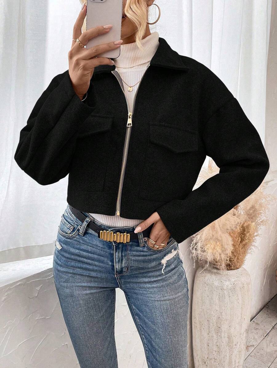 Aubree Notched Collar Zip Front Crop Jacket - view 10