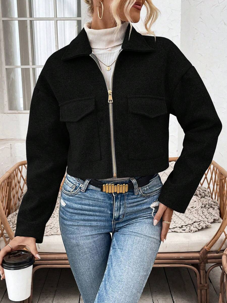 Aubree Notched Collar Zip Front Crop Jacket - view 11