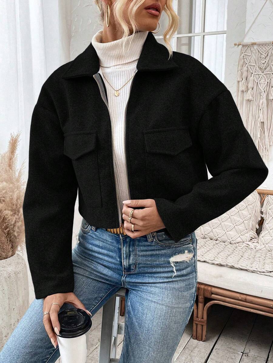 Aubree Notched Collar Zip Front Crop Jacket - view 12