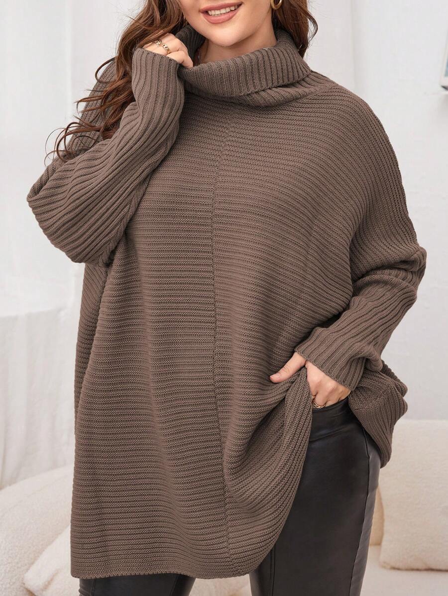 SHEIN LUNE Plus Size Solid Color Turtleneck Batwing Sleeve Sweater, Autumn/Winter Knit Pullover Fall oaklynwear
