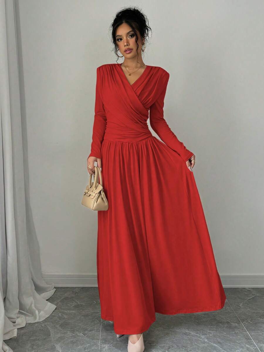 Rafferiza 1pc Long Sleeve V-Neck Waist Cinched Elegant And Charming Dress Maxi Women Outfit oaklynwear