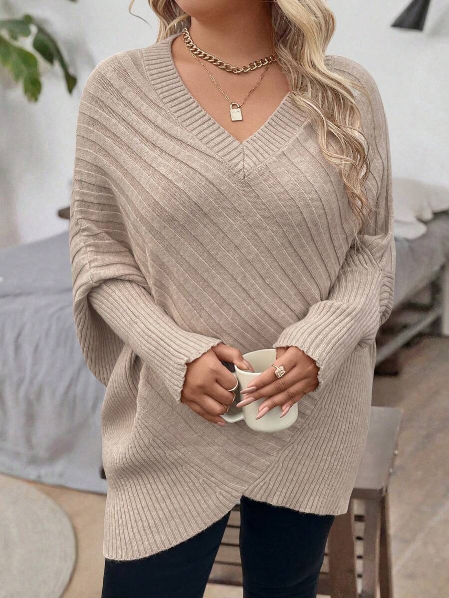 Vionelle Plus Size Women's Solid Color V-Neck Batwing Long Sleeve Casual Sweater, Autumn/Winter Knit Pullover Fall oaklynwear