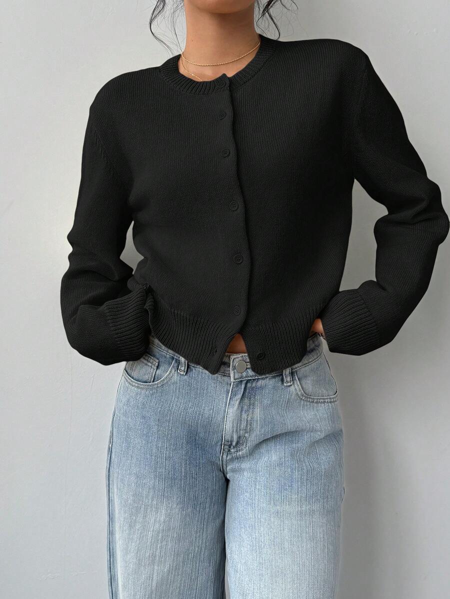 SHEIN BASICS Casual Solid Color Round Neck Long Sleeve Loose Cropped Women Sweater Women Autumn Coat Day Time Work Office Cream White Teachers' Day oaklynwear
