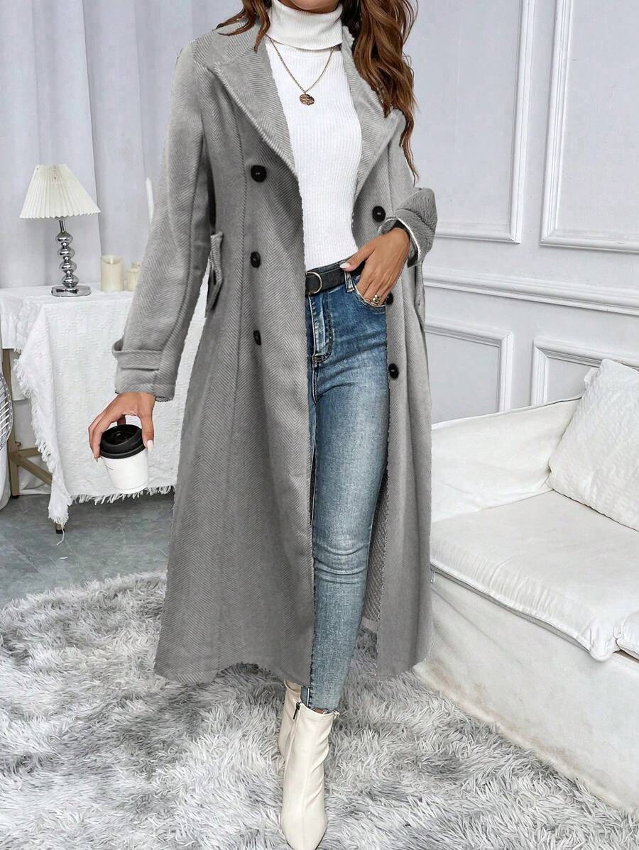 Lainey Herringbone Lapel Double-Breasted Long Overcoat - view 2