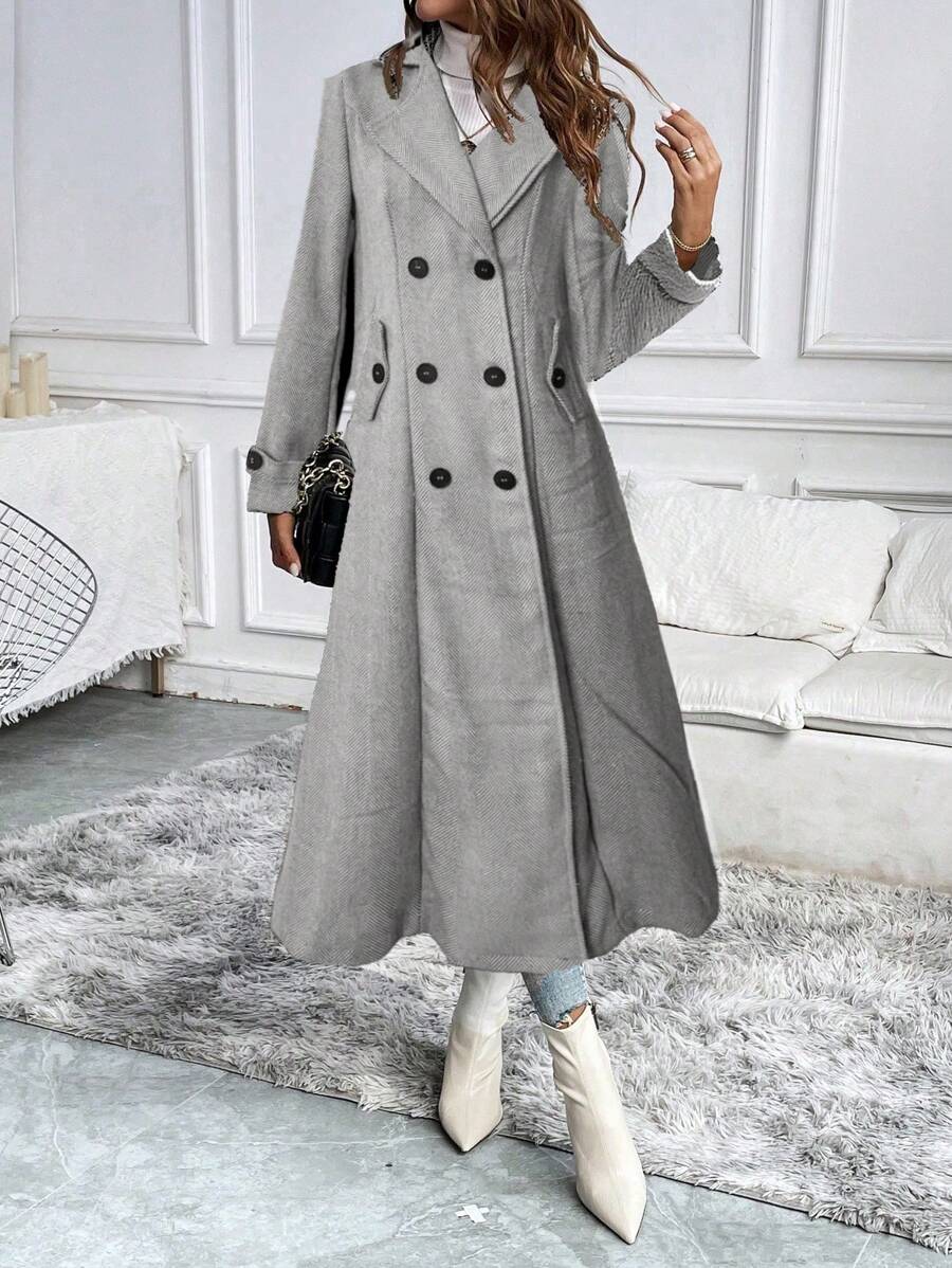 Lainey Herringbone Lapel Double-Breasted Long Overcoat - view 4