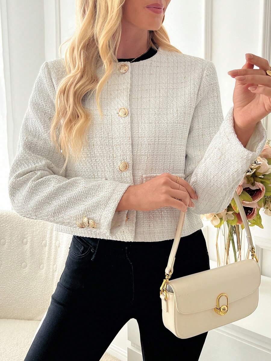 Cecelia | Round Neck Tweed Button Front Jacket, Elegant Cropped Coat oaklynwear