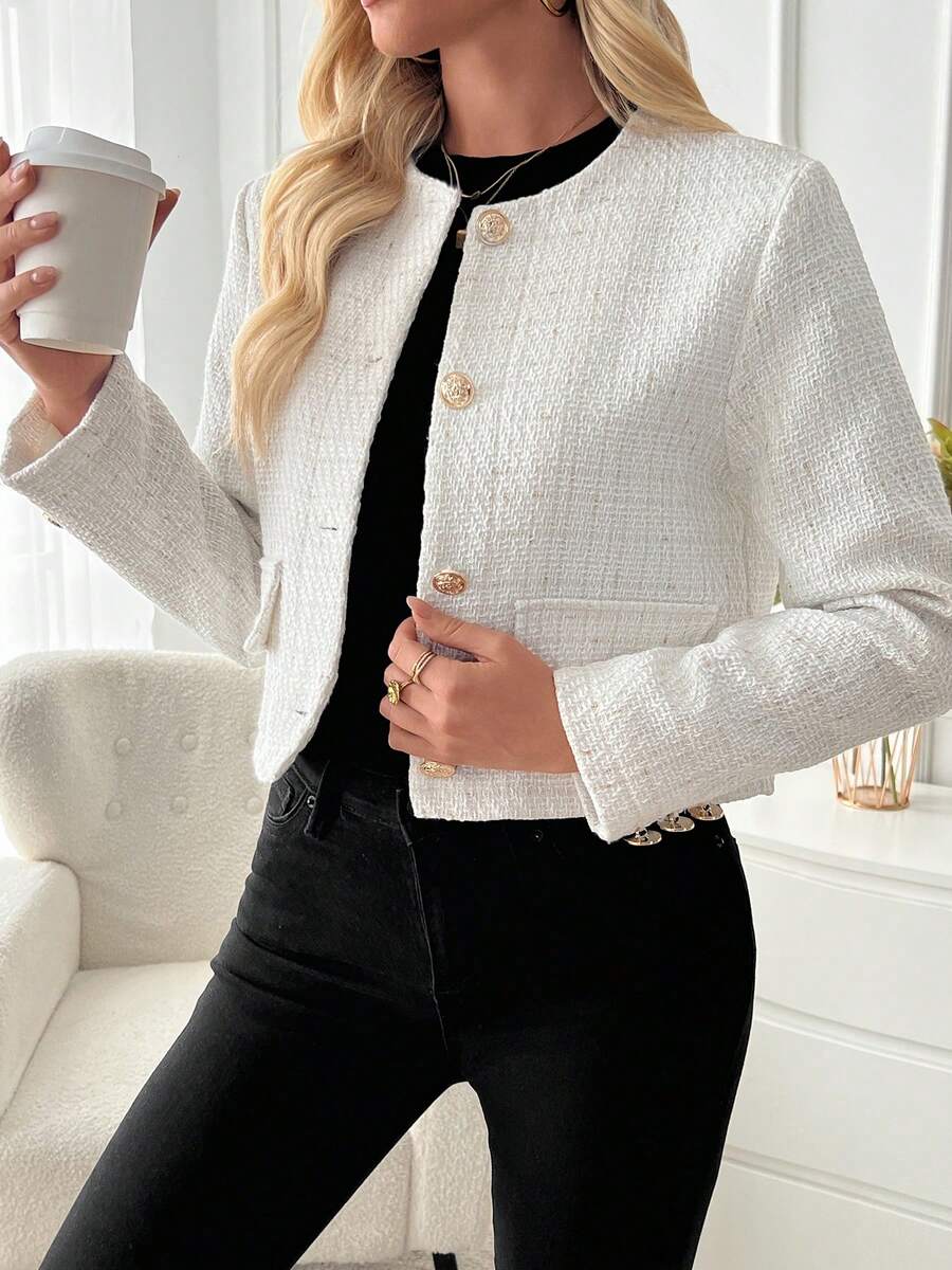 Cecelia | Round Neck Tweed Button Front Jacket, Elegant Cropped Coat oaklynwear