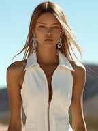 Fashion Vintage White Stretch Denim Sleeveless Tassel Mini Dress oaklynwear