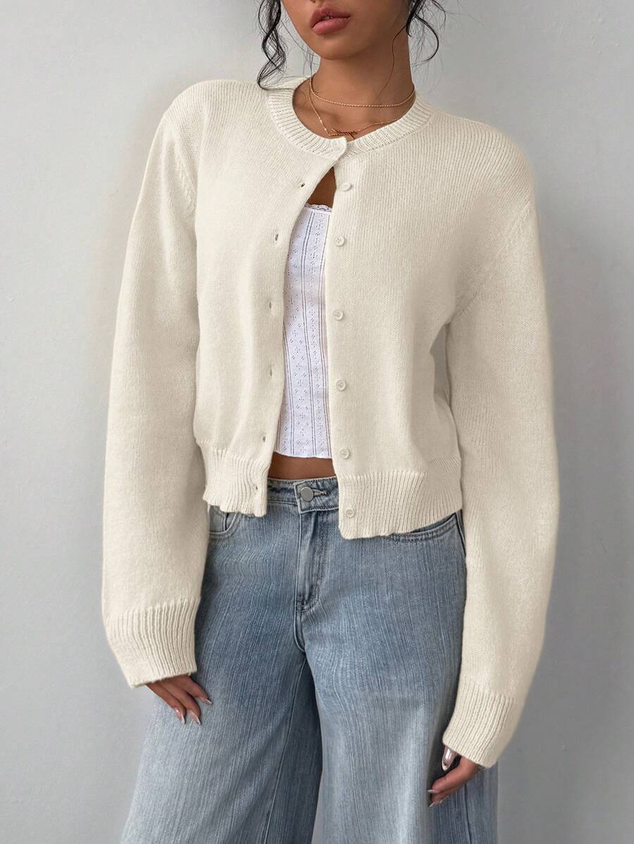 SHEIN BASICS Casual Solid Color Round Neck Long Sleeve Loose Cropped Women Sweater Women Autumn Coat Day Time Work Office Cream White Teachers' Day oaklynwear