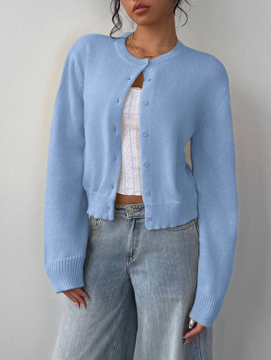SHEIN BASICS Casual Solid Color Round Neck Long Sleeve Loose Cropped Women Sweater Women Autumn Coat Day Time Work Office Cream White Teachers' Day oaklynwear