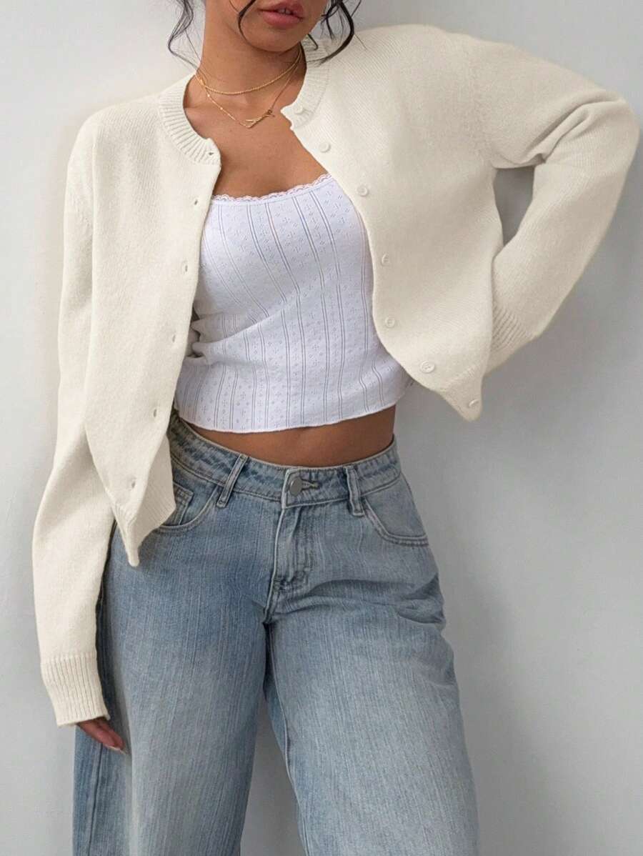 Adeline | Round Neck Button Front Cardigan, Cropped Everyday Knit oaklynwear