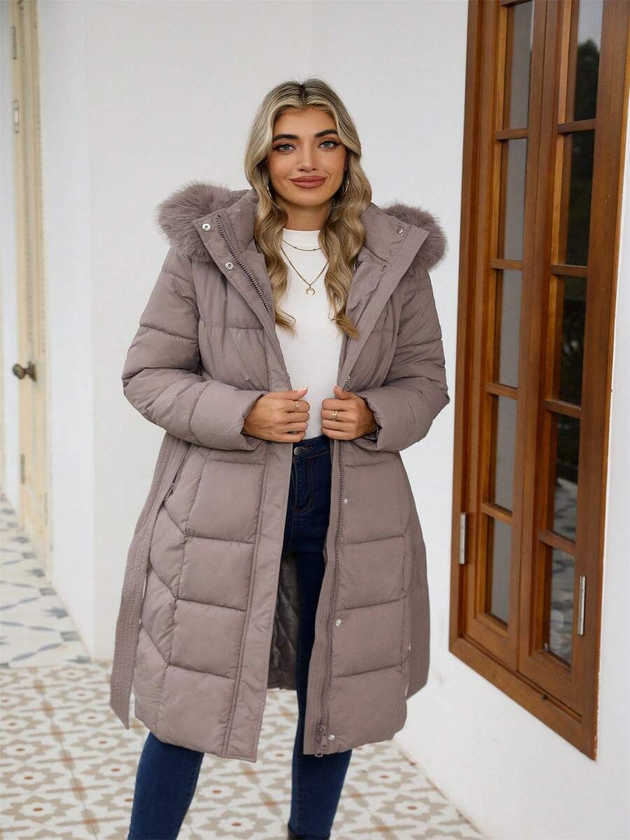 Risissida Women's Casual Hooded Jacket With Pockets, Lightweight Faux Fur Lined Quilted Windbreaker, Suitable For Autumn Daily Wear And Winter Outerwear oaklynwear