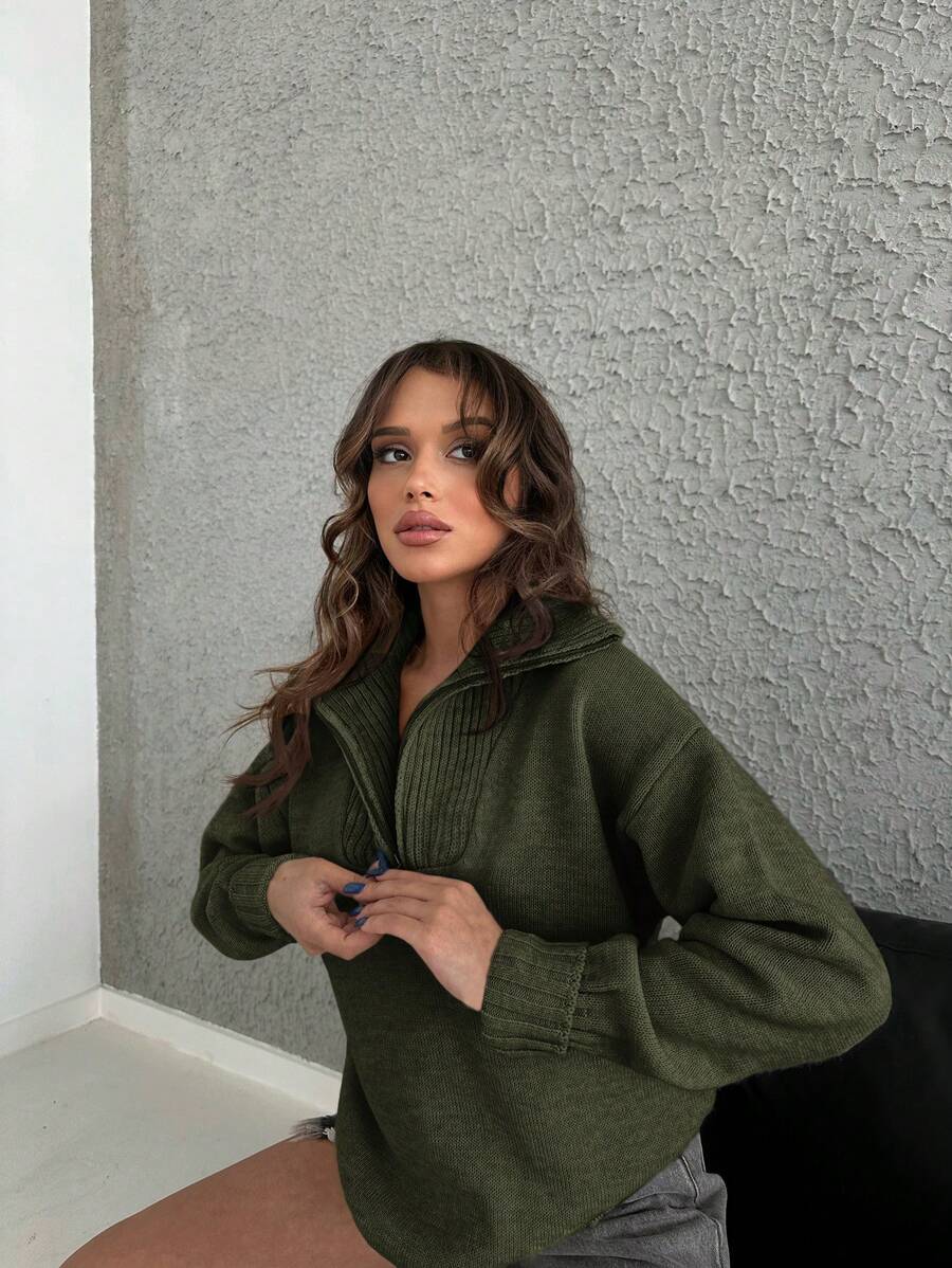 EURMUSE Half Zip Drop Shoulder Sweater oaklynwear
