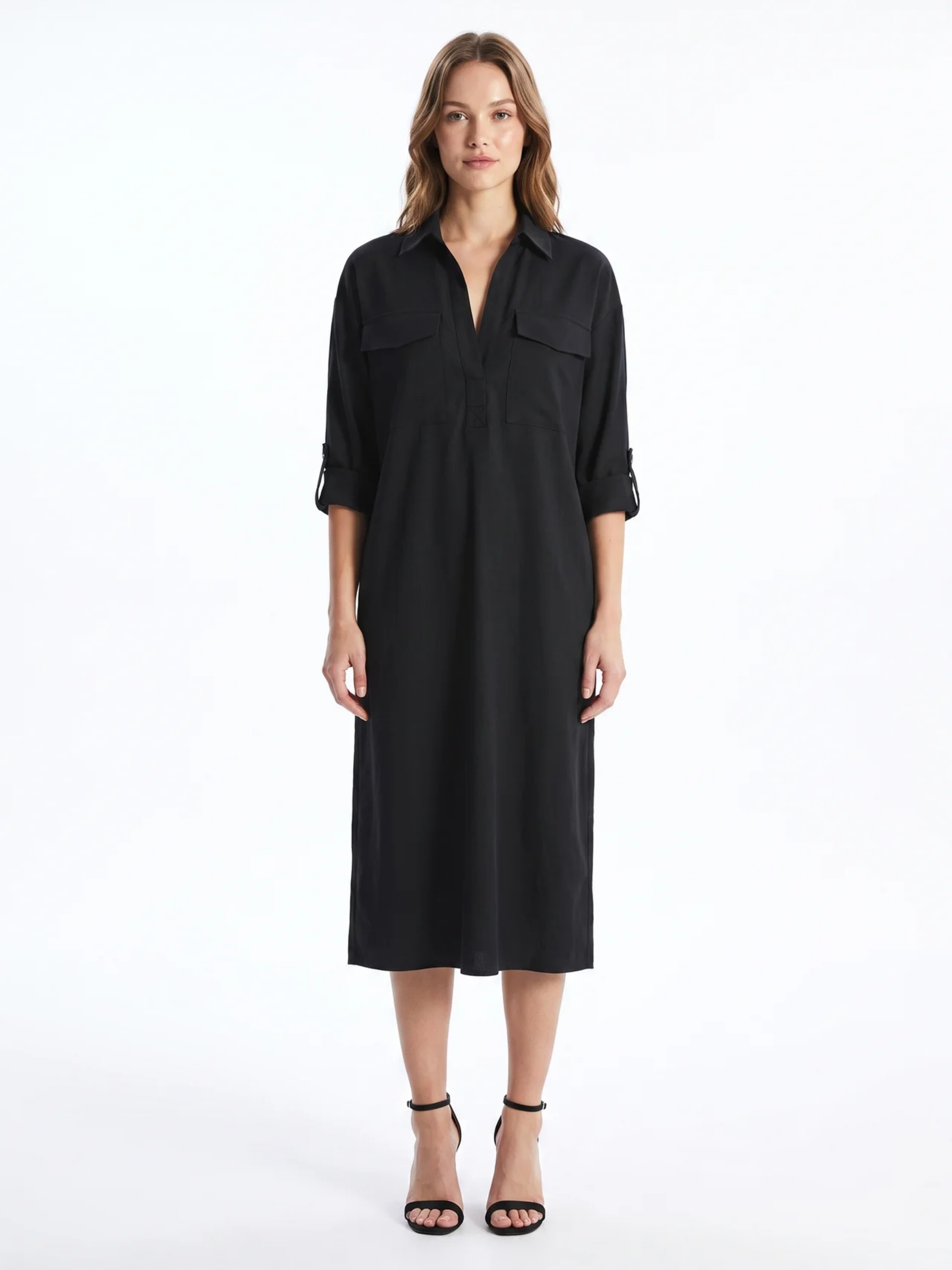 Frances | Black Linen Shirt Collar Midi Dress oaklynwear