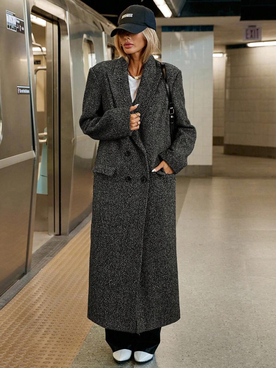 Juliana | Herringbone Lapel Double-Breasted Long Overcoat, Oversized Winter Coat oaklynwear