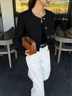 Brynlee | Round Neck Textured Button Front Jacket, Cropped Elegant Coat oaklynwear