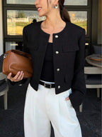 Brynlee | Round Neck Textured Button Front Jacket, Cropped Elegant Coat oaklynwear