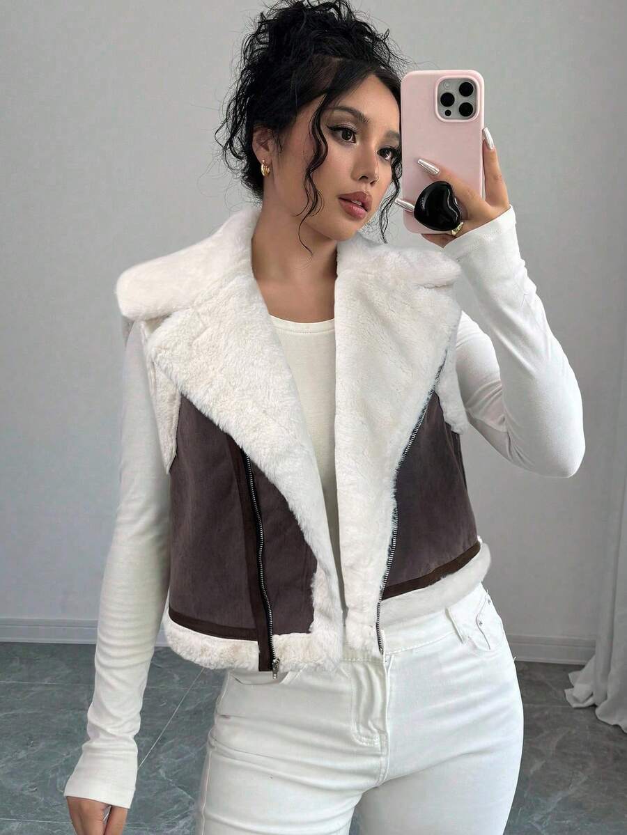 Firerie Barn Jackets,Women's Brown And White Lapel Loose Fleece Jacket, Autumn And,Casual Retro 70s 70s Retro, Work Hiking Daily Wear oaklynwear
