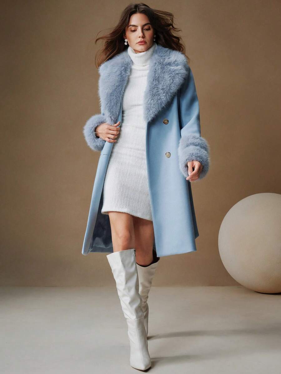 Maeve Faux Fur Collar Double-Breasted Midi Coat - view 2