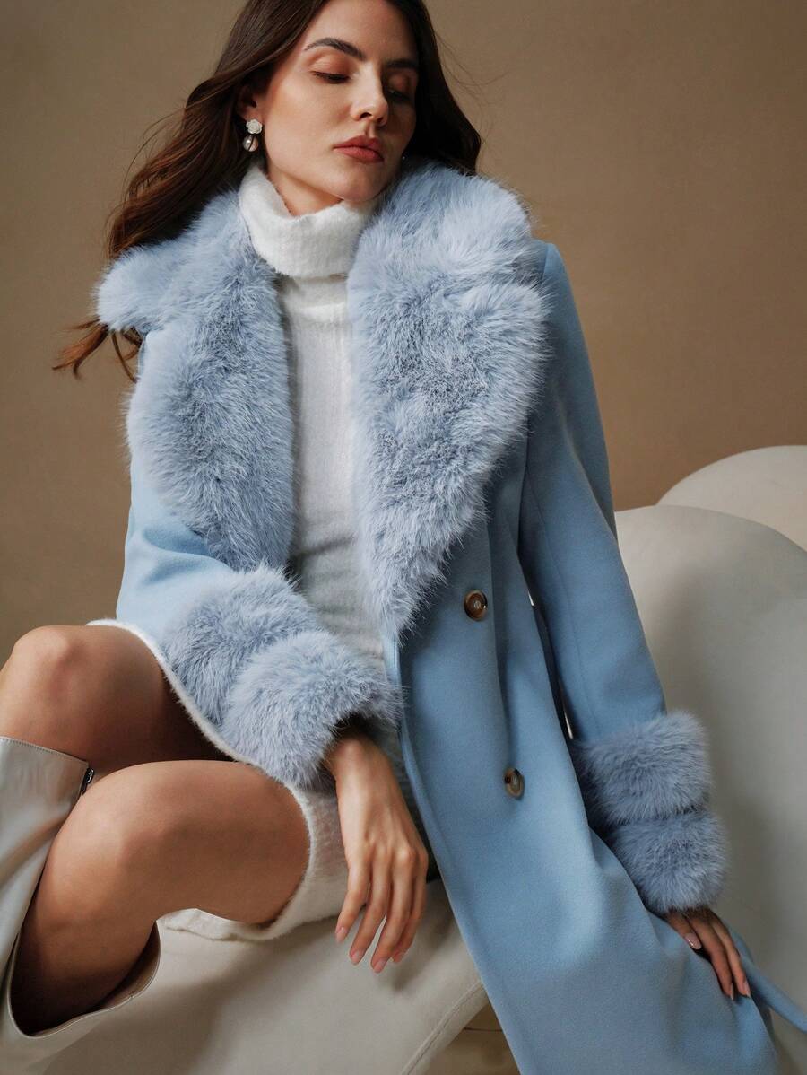 Maeve Faux Fur Collar Double-Breasted Midi Coat - view 3