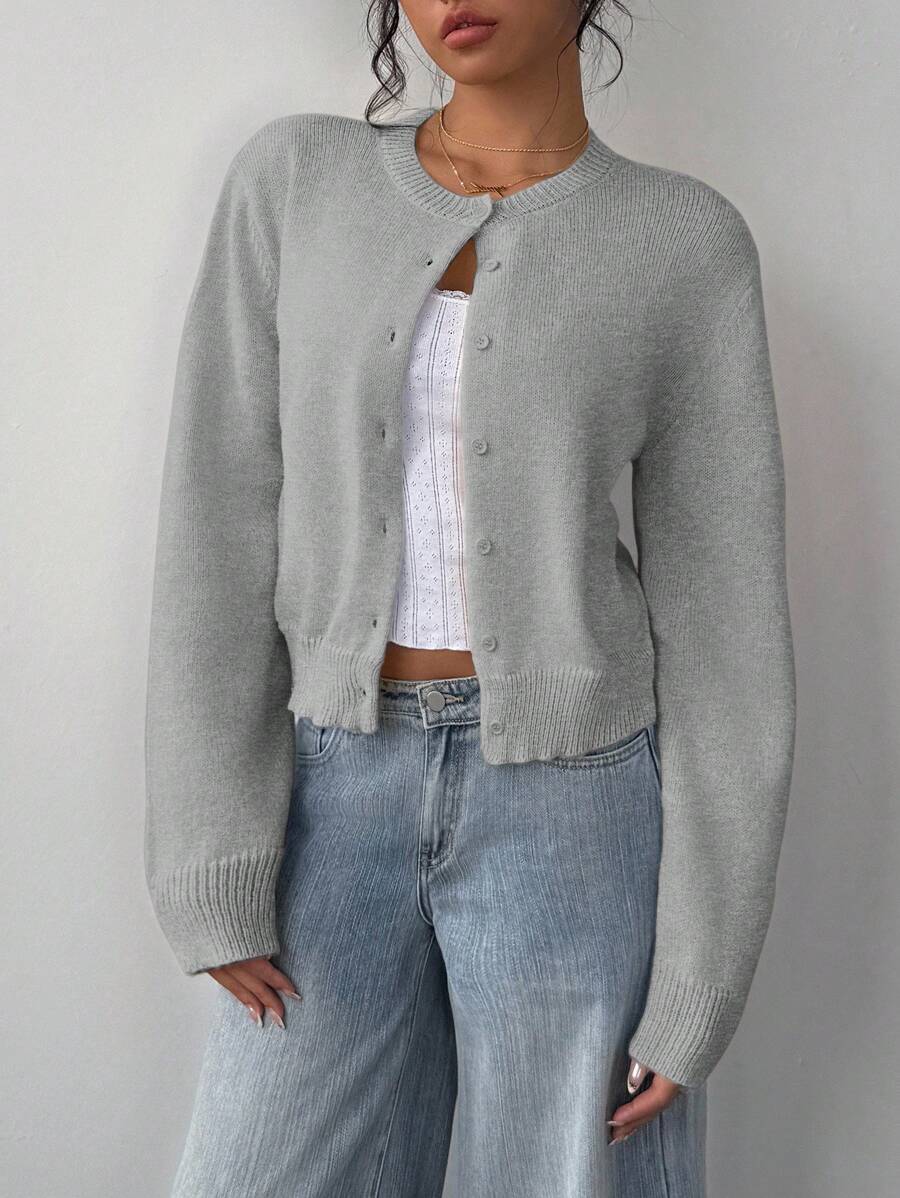 SHEIN BASICS Casual Solid Color Round Neck Long Sleeve Loose Cropped Women Sweater Women Autumn Coat Day Time Work Office Cream White Teachers' Day oaklynwear